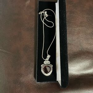 NEW Sterling Silver Heart Garnet Necklace.  Sterling Silver 18”, velvet box.